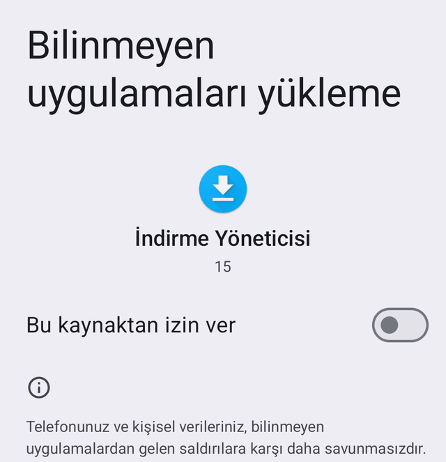 Bilinmeyen uygulamaları yükleme ekranı ve Bu kaynaktan izin ver anahtarı.